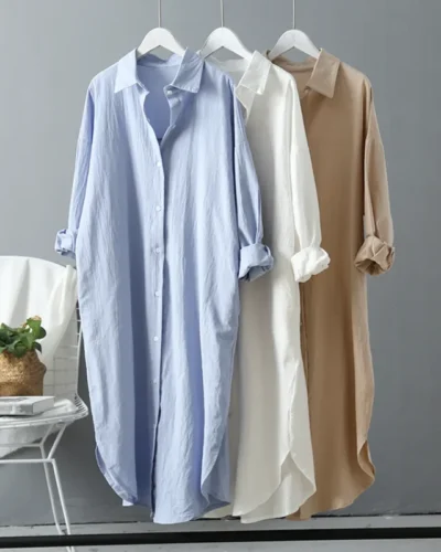 2024 Spring Casual Women's Blouses Korean Clothing Autumn Vintage Linen Cotton Mid-Length White Shirt Dress For Female Chic Tops