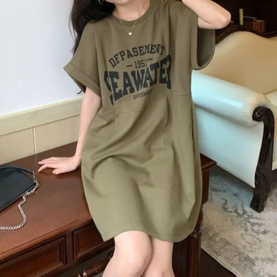 Korean Fashion Letter Printed Dresses Summer Women's Clothing Round Neck Comfortable Casual Short Sleeve Mini Dresses for Female