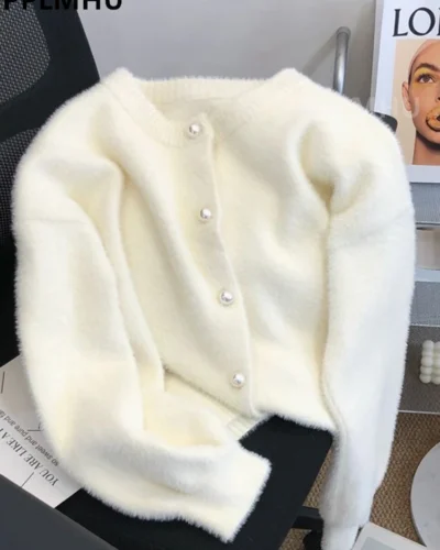 Imitation Mink Sweater Cardigan Women Korean Slim Plush Knit O-neck Short Tops Casual Knitwear Gilet Jackets Soft Malhas Coats
