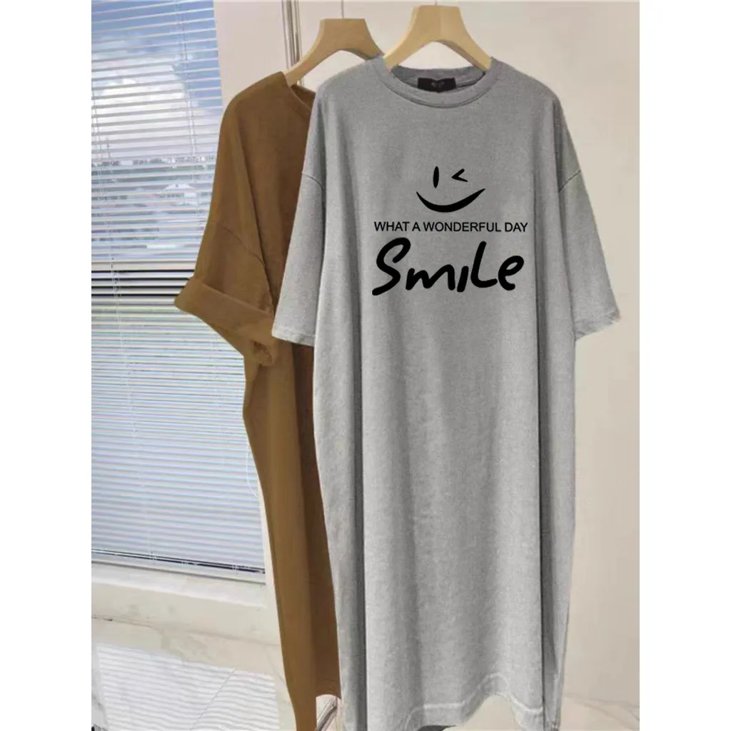 2025 New Short Sleeved Dress Women Fashion Korean Style Oversized Loose Round Neck Dress