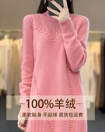 Erdos City Produces Medium To Long 100% Cashmere Sweater Dress, Half High Neck Loose Knit Wool Sweater For Women A-line Skirt