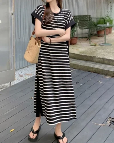 2024 New Casual Korean Striped O-neck Short Sleeve Long Dress Ladies Simplicity Patchwork Loose Tshirt Dress Women Clothing