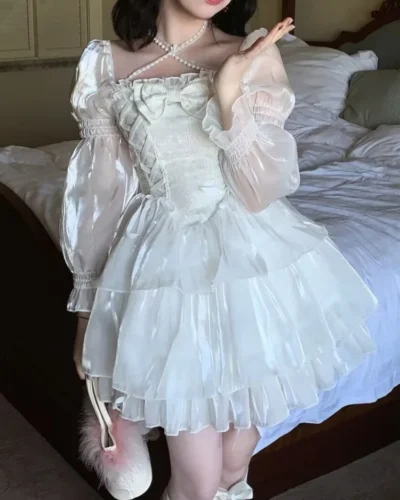 Japanese Sweet Fairy Lolita Dress Women White Mesh Elegant Princess Dress Female Bow Casual Evening Party Dress Summer 2023 Slim