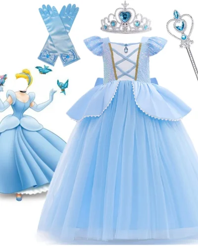 Cinderella Cosplay Costume Kids Clothes for Girls Sequins Princess Dress with Crown Gloves Birthday Party Ball Gown 3-10 Years