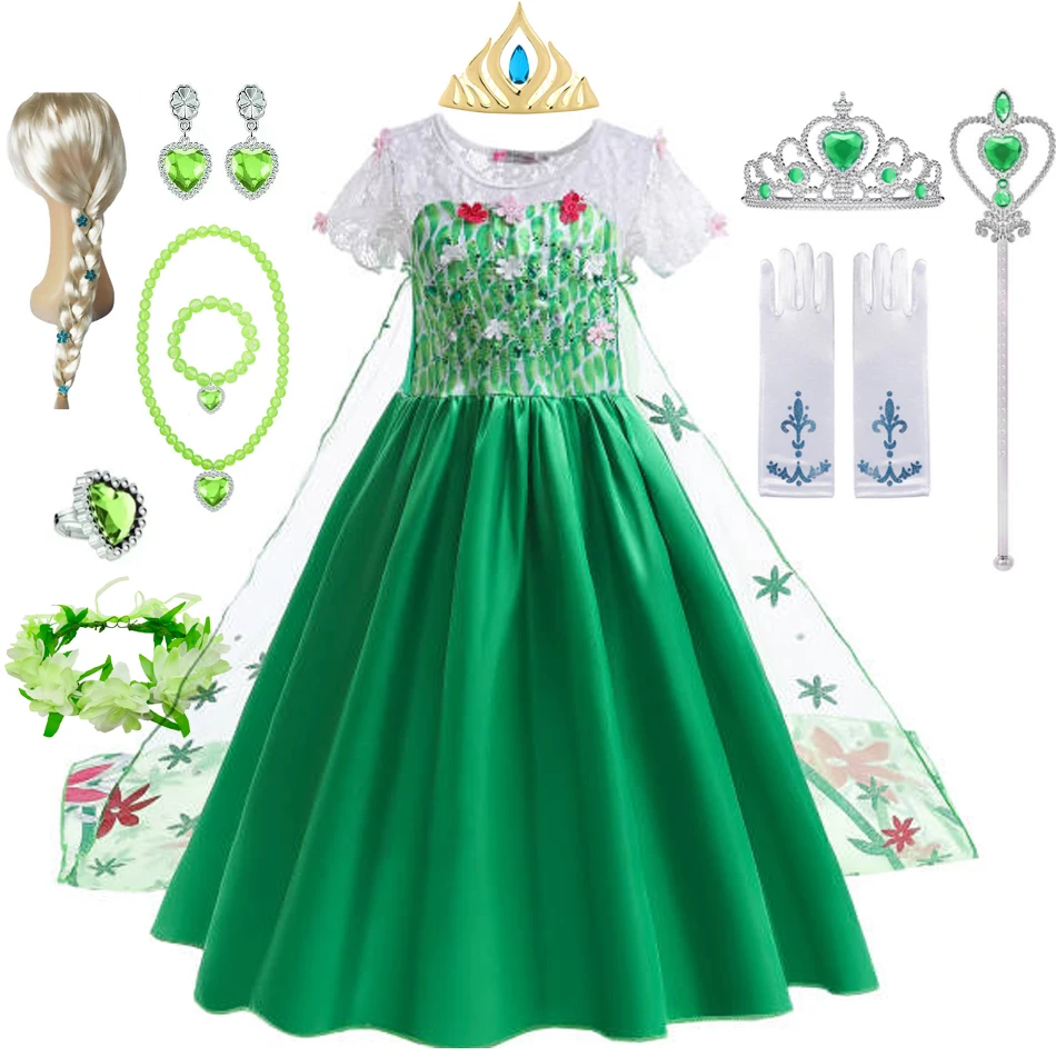 Elsa Green Dress for Kids Girl Princess Costume Dresses Children Long Cloak Floral Lace Ball Gown Summer