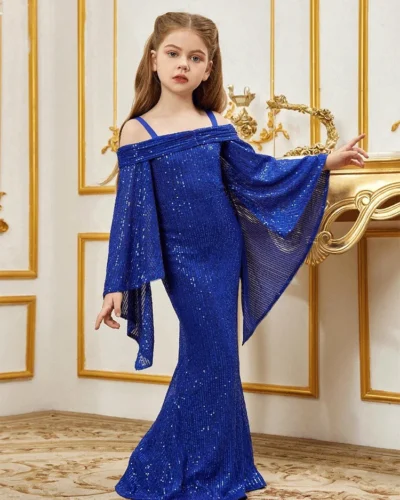 10-Year-Old Girl Birthday Party Wedding Flower Girl Off-Shoulder Shiny Mesh Evening Dress Girl Performance Dress Prom Gown
