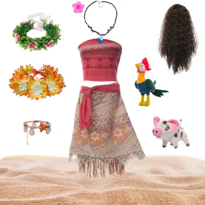 Girl Moana Costume Princess Cosplay Dress Summer Sleeveless Children's Dresses Girl Carnival Costume With Wreath Wig Necklace
