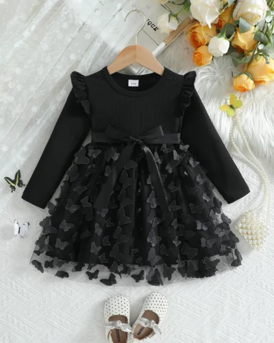 Girls Dress Blue Pink Autumn Princess Dress Kids Clothes Birthday Party Dress Black Long-sleeved for Children Fashion 1-6Y