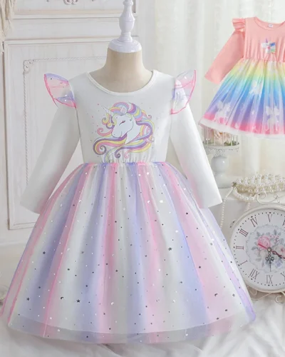 2025 New Princess Dress Unicorn Girls Dress Spring Kids Clothes Birthday Party Dress Long-sleeved for Children Rainbow 2-8Y