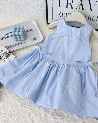 New girls' simple sleeveless vest dress summer new 2025 baby girl shirt bow print dress