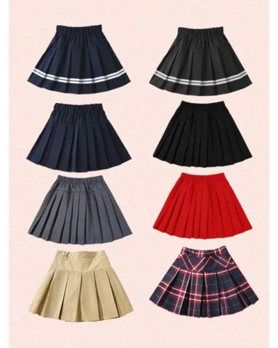 Girls Pleated Skirt Cotton Elastic Waist Students Girl Uniform Skirt College Style Spring Summer Childrens Girls JK Short Skirt
