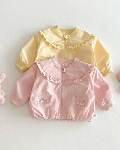 2025 New Spring Korean-Style Toddler Coat for Girls, 0-5 Years - Chic Bow Top, Solid Color, Loose-Fit Baby Spring Jacket