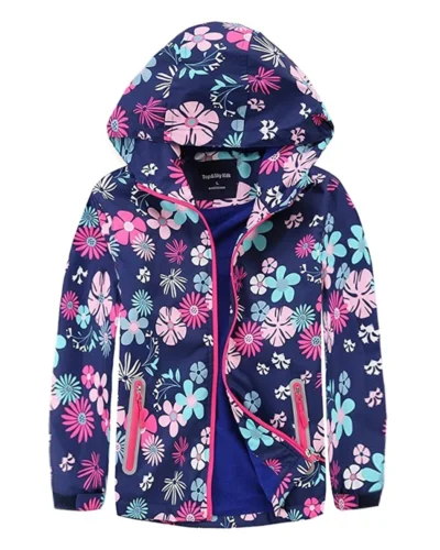 New Autumn Girls Floral Outdoor Jackets Children's Flush Lined Waterproof Outerwear Kids Spring Long Sleeve Thick Hooded Coats