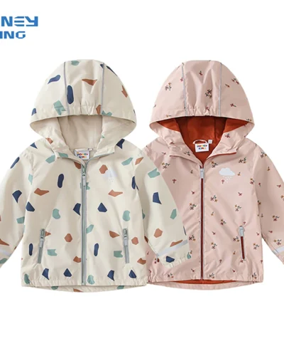 HONEYKING Baby Fleece Jacket Spring Autumn Girls Outerwear Kids Floral Print Hooded Waterproof Coat Children Raincoat Clothes