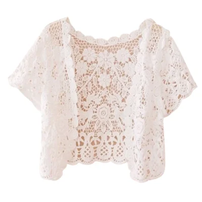 M2EA Womens Short Sleeve Open Front Lace Cardigan Floral Crochet Sheer Beach Cover Up Shrugs Crop Bolero Jackets for Dresses
