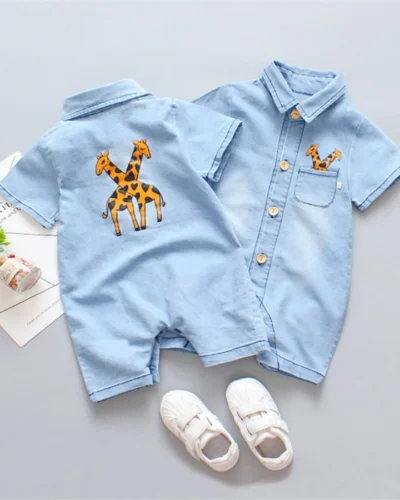 1 Pcs Baby Clothes Cute Cartoon Style Giraffe Print Denim Material Romper