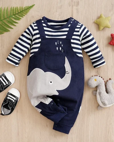Baby Boys Girls Unisex Newborn Onesies Romper 0-18 Months Toddler Clothing Infant Long Sleeve Striped elephant cotton Jumpsuit
