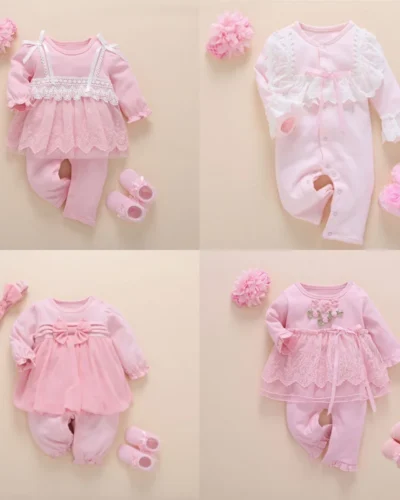 Newborn Baby Girl Clothes Fall Cotton Lace Princess Style Baby Jumpsuit 0-3 Months Infant Romper With Socks Headband ropa bebe