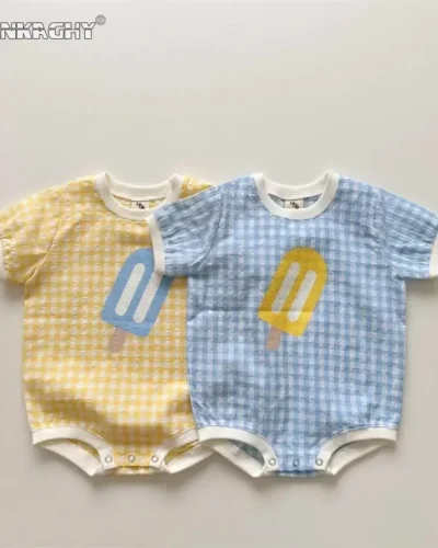 Newborn Baby Girls Boys Short Sleeve Plaid Ice Cream Print Jumpsuits Toddler Cotton Thin Clothing Infant Kids Bodysuits 유아복