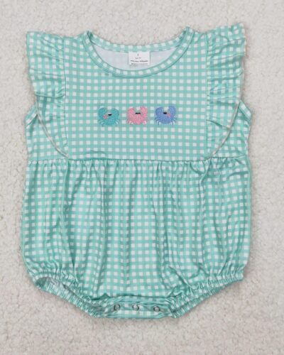3.29y new stock baby girls summer rompers wholesale boutique girls embroidered crab green plaid tank top onesie
