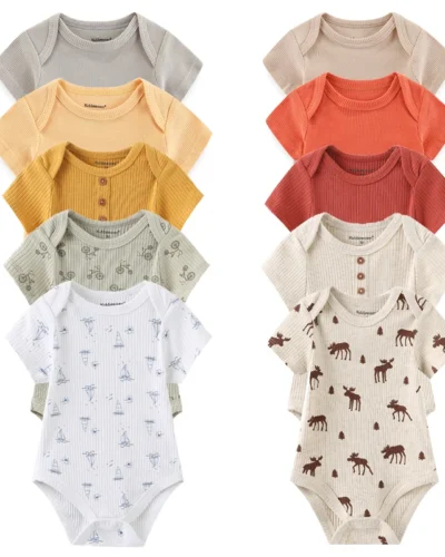 New Born Bodysuits Unisex 5Pieces Baby Girl Clothes Solid Color Cotton Baby Boy Clothes Set Cartoon Print Summer Bebes