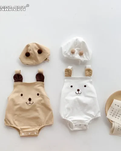 2023 New In Summer Infant Newborn Baby Girls Boys Cartoon Bear Print Outfits Kids Cotton Jumpsuits Gift Hat Bodysuits