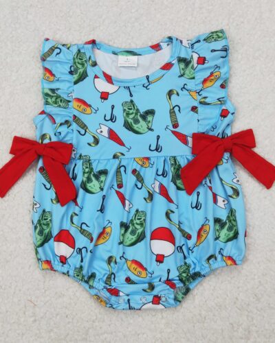 3.27y NEW stock baby summer girls romper wholesale boutique fishing float red bow blue vest rompers