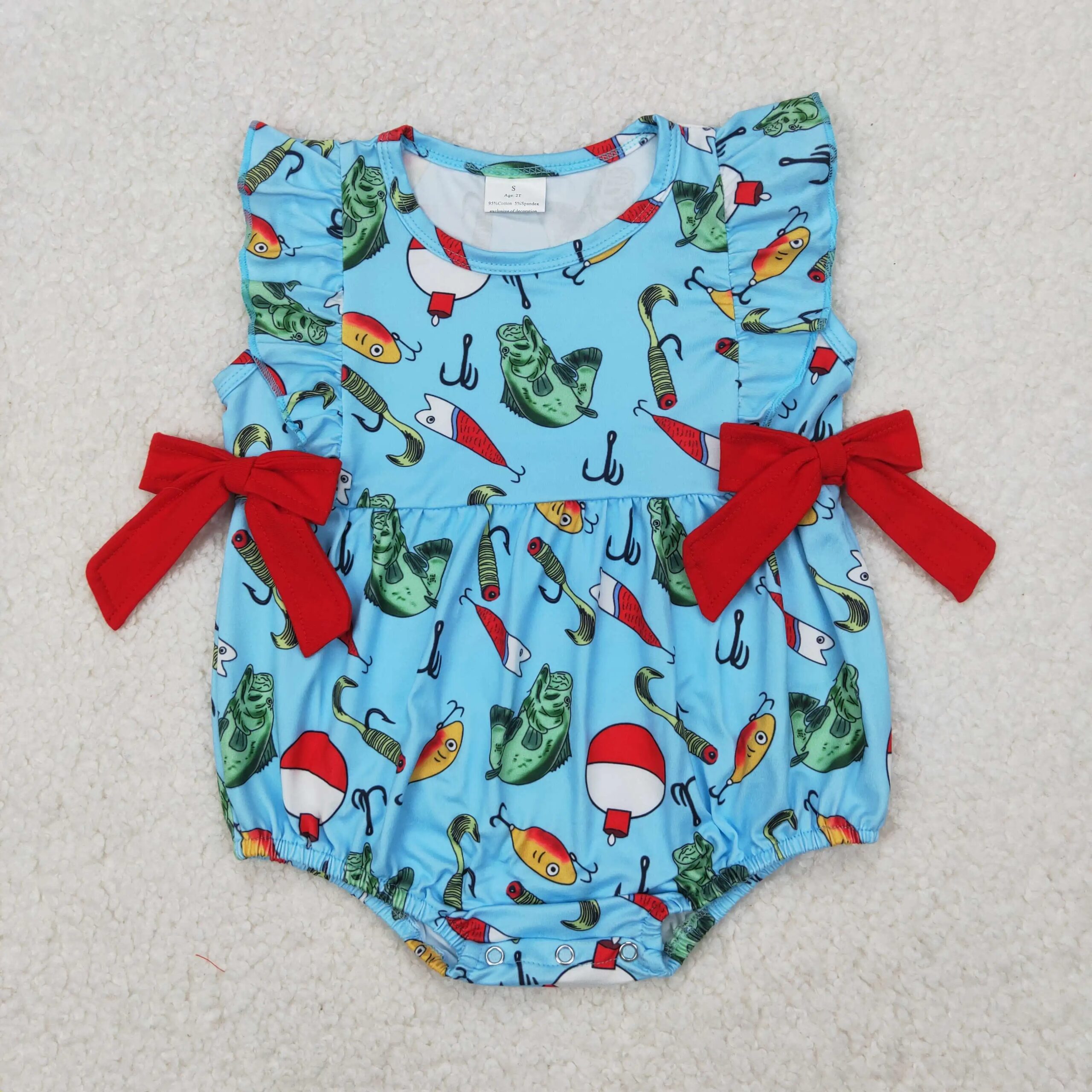 3.27y NEW stock baby summer girls romper wholesale boutique fishing float red bow blue vest rompers