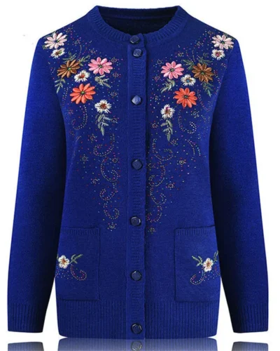 Middle-aged and elderly women's Embroidery Knit Cardigan Jacket Single-breasted Slim Sweater Coat Thin Grandma Spring Clothing