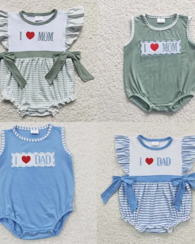 Wholesale Newborn Bubble Romper Embroidery I Love Dad Mom Jumpsuit Toddler Kid Children Summer Matching Boy Girl One-piece