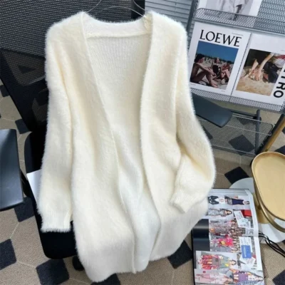 New Knitted Cardigan Sweater Women's Imitation Mink Fleece Long Loose Coat Lazy Wind Coat 2024 Autumn/Winter New Women