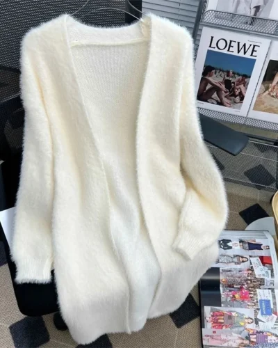 New Knitted Cardigan Sweater Women's Imitation Mink Fleece Long Loose Coat Lazy Wind Coat 2024 Autumn/Winter New Women