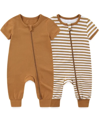 Kiddiezoom 2 Pcs/Lot Unisex Solid Short Sleeve Zipper Baby Boy Girl Romper Cotton Soft Newborn Jumpsuits Clothing