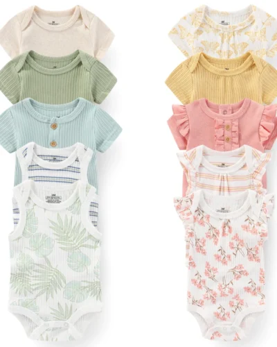 Unisex 5Pieces Newborn Bodysuits Cotton Baby Girl Clothes Set Summer Print Baby Boy Clothes Cartoon Sleeveless Solid Color Bebes