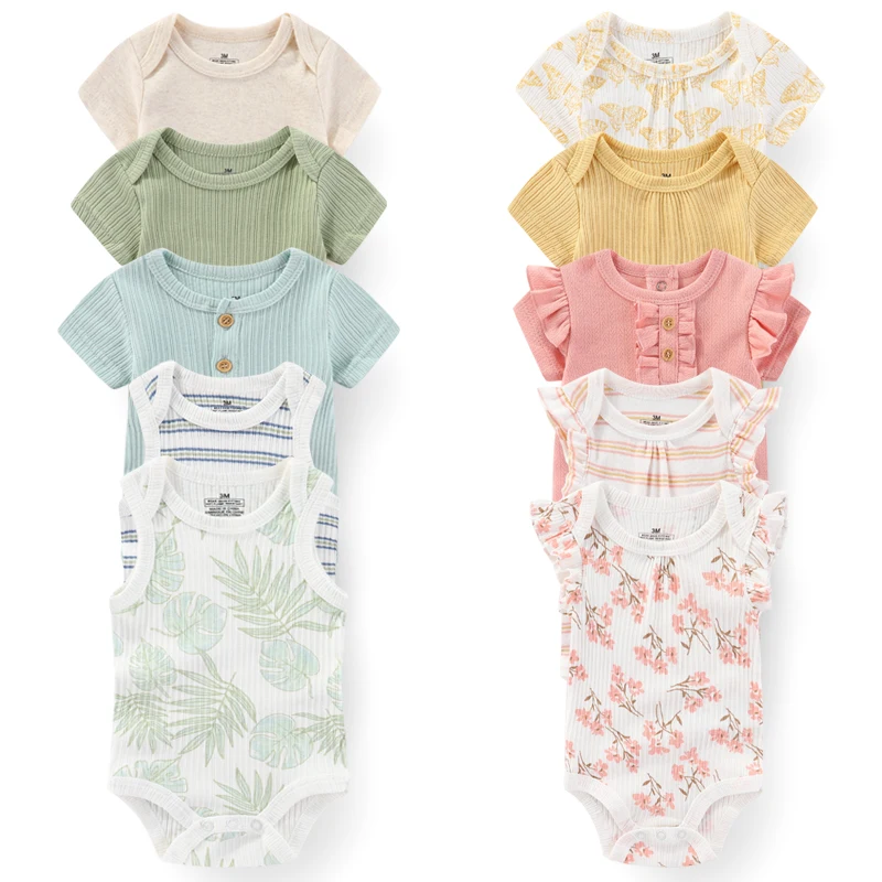 Unisex 5Pieces Newborn Bodysuits Cotton Baby Girl Clothes Set Summer Print Baby Boy Clothes Cartoon Sleeveless Solid Color Bebes