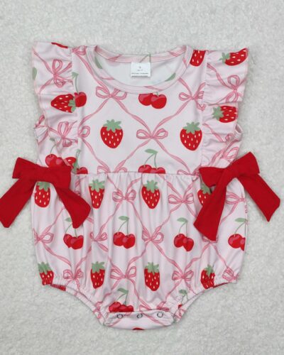 New rts summer baby girl pink rompers wholesale boutique strawberry cherry bow pattern girl romper