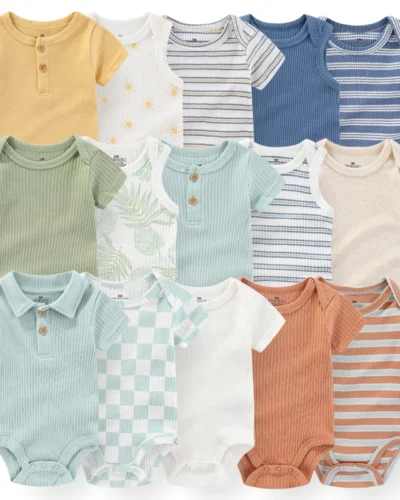 5Pieces Unisex New Born Bodysuits Print Summer Cotton Baby Girl Clothes Sleeveless Cartoon Baby Boy Clothes Set Solid Color