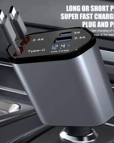 Retractable Car Charger, 100W Super Fast Charger, Car Phone Charger, 4 IN 1 Car Charger with Retractable Cable USB & Type-C Port