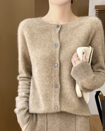 100% Merino Wool Long Sleeve Sweaters Cashmere Cardigan Spring Autumn Women O-Neck Knitwear Tops Clothing Fashion Basic Tops