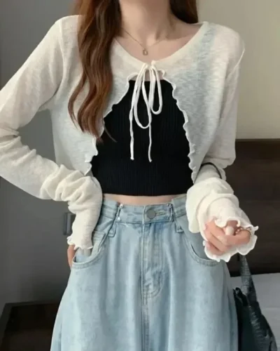 White Knitted Cardigan Women Summer Thin Sunscreen Lace-Up Knitwear Tops Female Korean Style Lantern Sleeve Short Coat