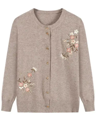 Spring Autumn Thin Knit Cardigan Jackets Grandma Embroidered Long Sleeve Sweater Outerwear Plus Size Short All-match Women's Top