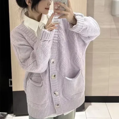 Purple knitted cardigan sweater, college style sweet knitted sweater for women's autumn winter new long sleeved V-neck sweater
