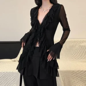 Korean Blouse Women's Clothing V-neck Long Sleeve Tunic Shirts Camisas De Mujer Heavy Ruffles Spring Summer Gauze Blouses Tops