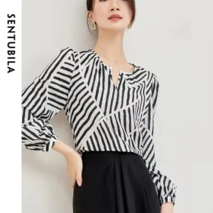 SENTUBILA Women Elegant Print Chiffon Blouses and Tops 2025 Contrast Striped Round Neck Puff Sleeve Loose Autumn Shirts 133V5130