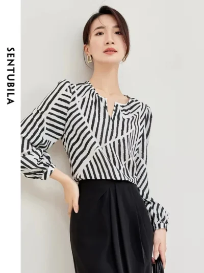 SENTUBILA Women Elegant Print Chiffon Blouses and Tops 2025 Contrast Striped Round Neck Puff Sleeve Loose Autumn Shirts 133V5130
