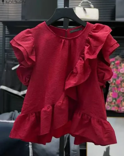 ZANZEA Women Chic Ruffle Blouse Vintage Short Sleeve Peplum Tops Holiday Summer Round Neck Tunic Casual Multilayer Pleated Shirt
