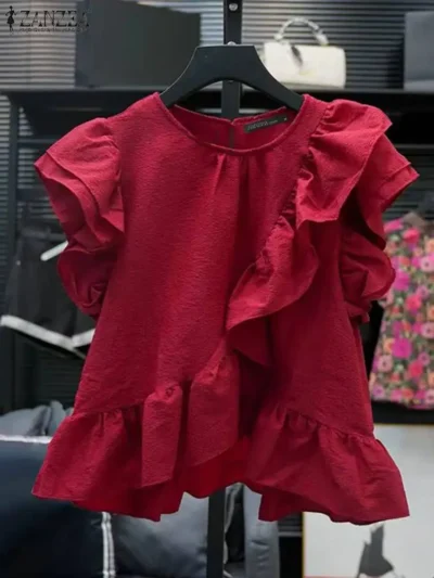 ZANZEA Women Chic Ruffle Blouse Vintage Short Sleeve Peplum Tops Holiday Summer Round Neck Tunic Casual Multilayer Pleated Shirt