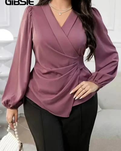 GIBSIE Plus Size Solid V-neck Wrap Tie Blouse Women Spring Fall Lantern Sleeve Elegant Office Ladies Ruched Blouses Shirts