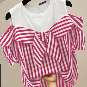 ZANZEA Women Cold Shoulder Blouse Fashion Plaid Stitching Shirt Holiday Summer Bowtie Short Sleeve Tops 2024 Vintage Loose Blusa