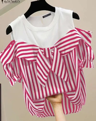 ZANZEA Women Cold Shoulder Blouse Fashion Plaid Stitching Shirt Holiday Summer Bowtie Short Sleeve Tops 2024 Vintage Loose Blusa